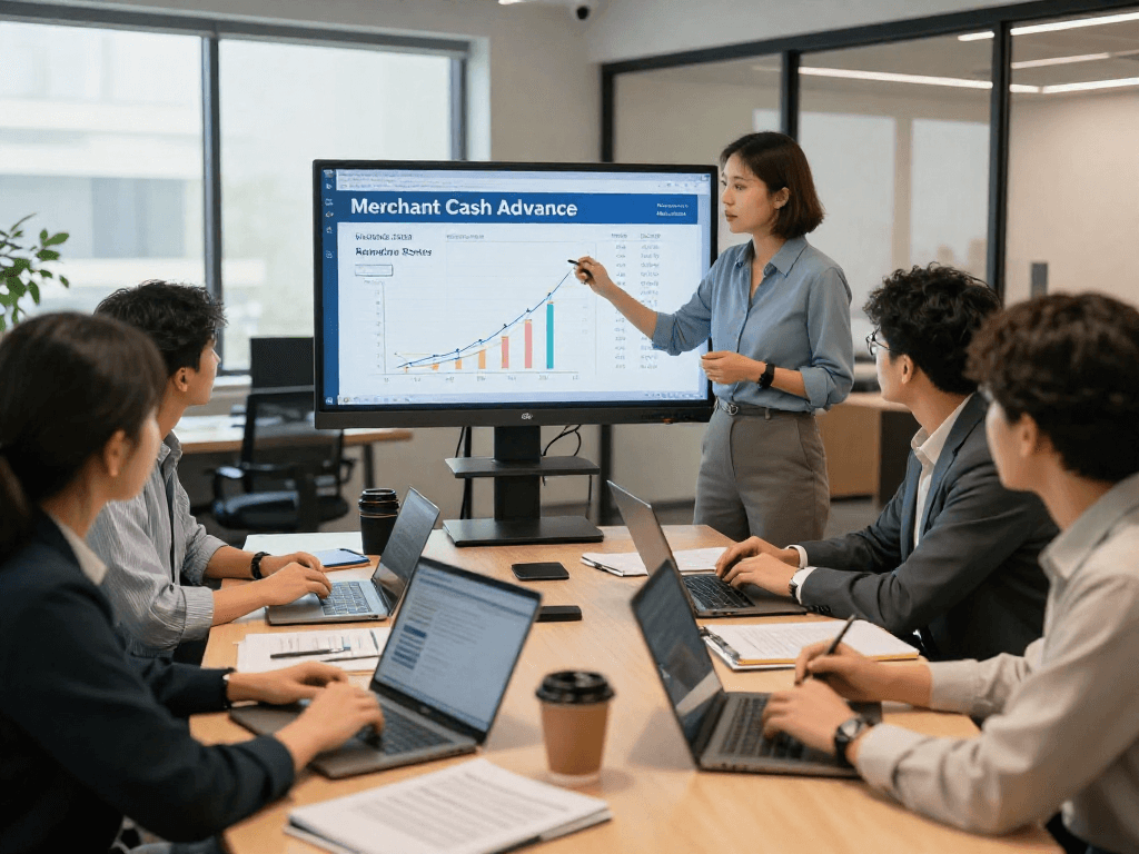 Consultant discussing merchant cash advance rates in a modern finance office with a group of small business owners.